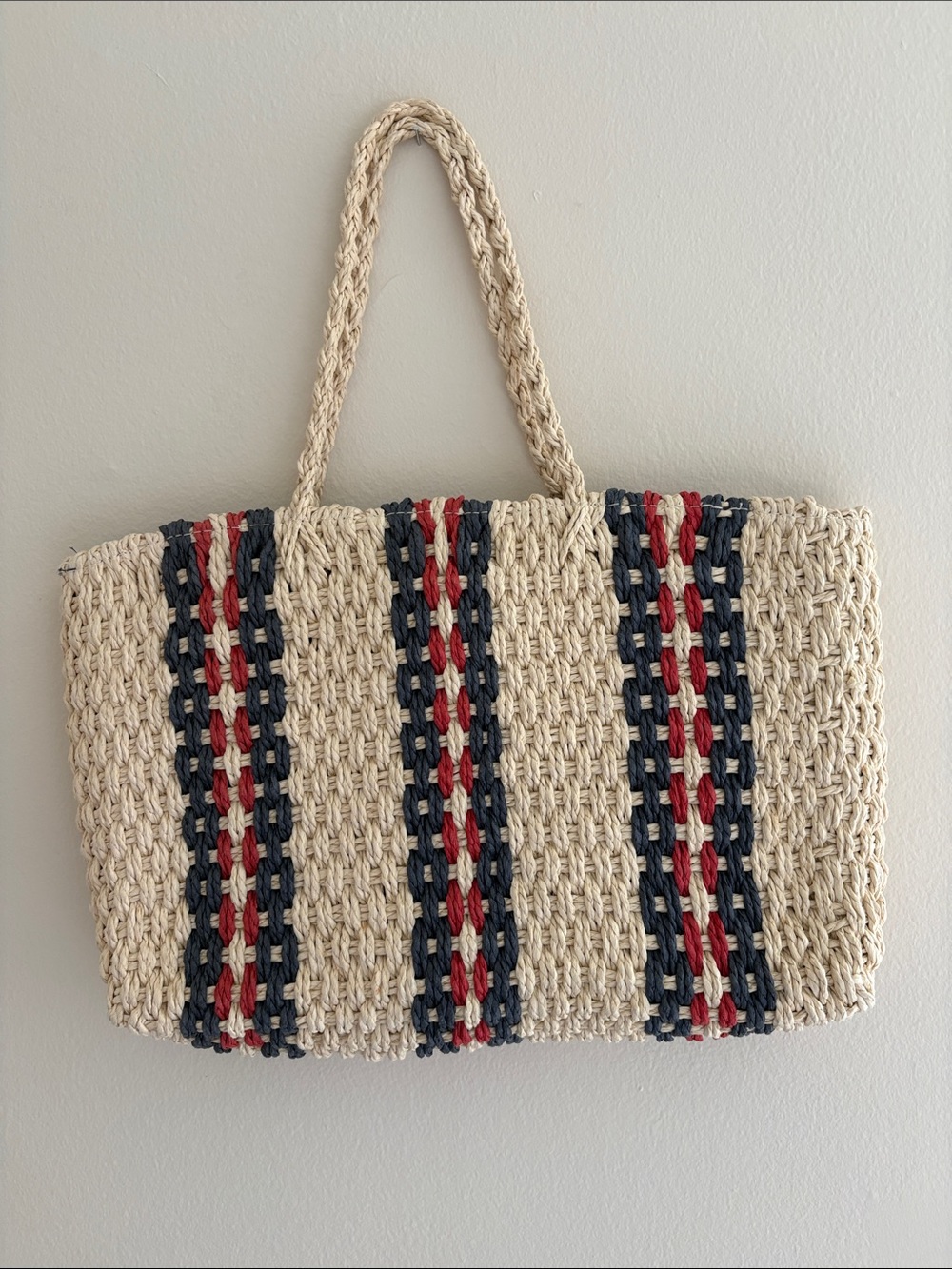 Braided Straw Shoulder Tote with Navy and Red Stripe Accents